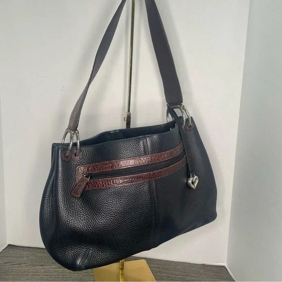 Brighton Brown/Black Hobo Leather Shoulder Bag Silver Heart Charm  Purse - Picture 4 of 15